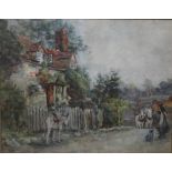 FRANK WILLIAM LONGSHAW (1864-1914). Village path with figures and horses, signed lower left,