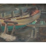 A MODERN BRITISH SCHOOL STUDY OF A BOAT IN A DOCK, indistinctly signed lower right, oil on canvas,