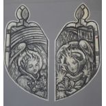 A STAINED GLASS WINDOW DESIGN FROM THE HARDMAN STUDIO, a pair of figurative studies in one frame,