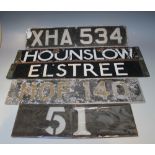A 1930S LONDON TRANSPORT BUS ROUTE STENCIL, together with two enamel destination signs 'Hounslow /