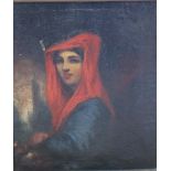 CONTINENTAL SCHOOL (XX). Girl in red headdress, oil on canvas, gilt framed, 32 x 26 cm