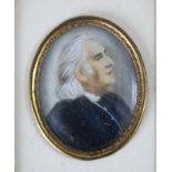 AN EARLY 20TH CENTURY OVAL PORTRAIT MINIATURE ON IVORINE STUDY OF FRANZ LISZT, indistinctly signed