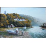 BRIAN HORSWELL (1939). 'Noss Mayo', situated at the mouth of the river Yealm, Devon, depicting an