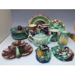A COLLECTION OF MAJOLICA EARTHENWARE WITH DECORATIVE COLOURED GLAZES, various styles to include a