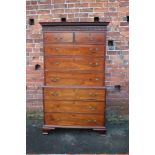 A 19TH CENTURY MAHOGANY CHEST ON CHEST, the cornice with blind carved detail. the upper section with