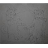LOUIS WAIN (1860-1939). Two seated cats smoking, signed lower left, pencil drawing on paper, gilt