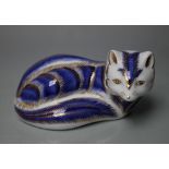 A ROYAL CROWN DERBY PAPERWEIGHT IN THE FORM OF A FOX, blue and gilt version, gold stopper, W 11