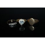 TWO GEM SET DRESS RINGS, together with a 9 carat signet ring A/F (3)
