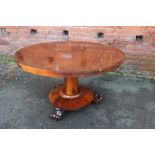 A 19TH CENTURY MAHOGANY TILT-TOP PEDESTAL TABLE, raised on a tapered octagonal column and circular