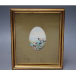 PETER GRAVES - A SMALL WATERCOLOUR OF TWO SHEEP ON A HILLSIDE BY A LAKE, signed lower right, in oval