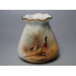 A ROYAL WORCESTER OVOID VASE SIGNED 'JAS STINTON', having fluted rim with gilt edge, pheasant and