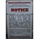 A 1930S BIRMINGHAM CORPORATION TRAMWAY AND OMNIBUS DEPARTMENT ENAMEL 'NOTICE' SIGN, made by '