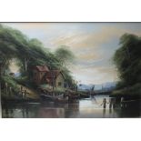 DAVID A. JAMES (XX). A river scene with water mill house, fishermen and boats, signed lower left and