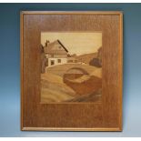 A 20TH CENTURY ARTS & CRAFTS STYLE INLAID SPECIMEN WOOD PANEL, landscape scene, framed, 34 x 28.5