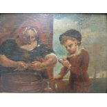 A 19TH CENTURY STUDY OF OYSTER SHUCKERS, sailing vessels beyond, unsigned, oil on panel, framed,