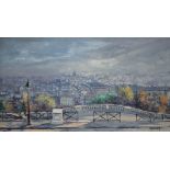 MOBERG (XX). City landscape, signed lower right, oil on canvas, gilt framed, 22.5 x 39.5 cm,