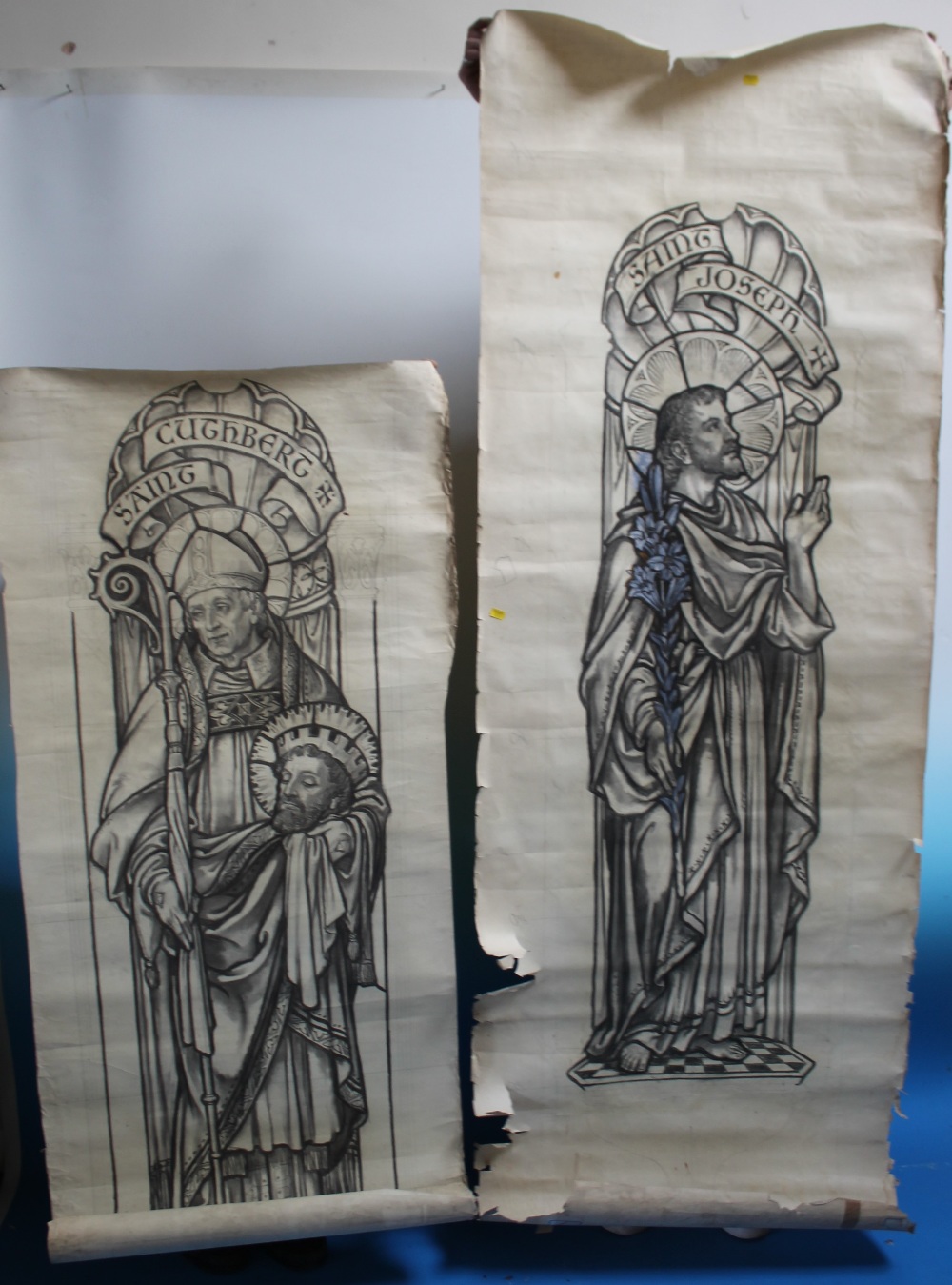 A PAIR OF STAINED GLASS WINDOW DESIGNS FROM THE HARDMAN STUDIO, studies of St Cuthbert and St