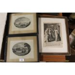 TWO FRAMED AND GLAZED ENGRAVINGS ONE TITLED 'ACTON CASTLE' THE OTHER 'HANGING STEEPLE AT WYBUNBURY'