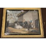 A FRAMED AND GLAZED COLOURED ENGRAVING TITLED 'MILK MADE AND COW HEARD'