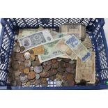 A TRAY OF OLD COINS AND BANK NOTES