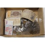 A BOX OF COINS AND BANK NOTES