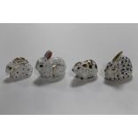 FOUR ROYAL CROWN DERBY PAPERWEIGHTS TO INCLUDE THREE RABBITS, AND A BANK VOLE WITH GOLD STOPPER