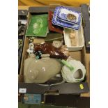 A TRAY OF ASSORTED CHINA AND CERAMICS TO INCLUDE A BESWICK BIRD, CERAMIC WATER BOTTLES, ETC