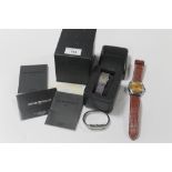 A BOXED EMPORIO ARMANI WATCH WITH CERTIFICATE, TOGETHER WITH A LADIES HUGO BOSS WATCH AND ANOTHER G