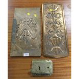 TWO LARGE BRASS PLAQUES TOGETHER WITH A BRASS LOCK