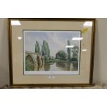 A FRAMED AND GLAZED LIMITED EDITION PRINT TITLED 'ATCHAM BRIDGE' BY R. G. SPENDLOVE