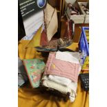 A DOLLS BED AND A QUANTITY CLOTHING TOGETHER WITH A MODEL SAILING SHIP, BOBBY BEAR'S ANNUAL, ETC