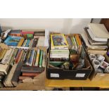 A QUANTITY OF ASSORTED BOOKS, EPHEMERA, GAMES, SMALL PLANT POTS, ETC