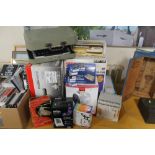 A QUANTITY OF ASSORTED HOUSEHOLD ELECTRICS, TO INCLUDE A ROYAL TYPEWRITER, DESK FAN, ETC