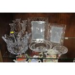 A QUANTITY OF CUT AND CRYSTAL GLASS ITEMS TO INCLUDE A FOUR STEM CANDELABRA, TWO RCR PICTURE FRAMES