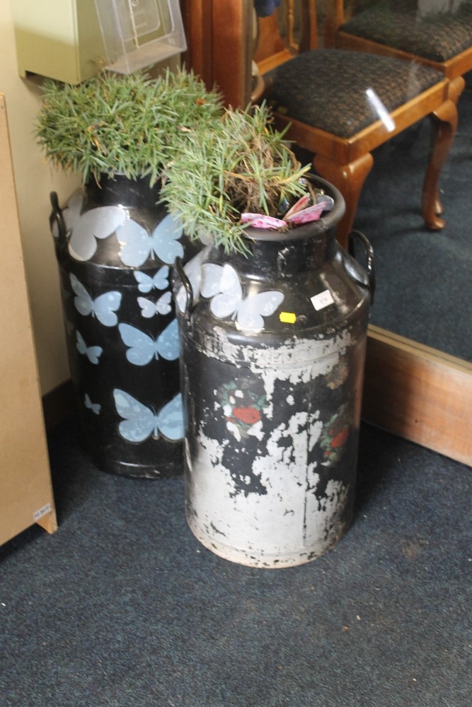 A PAIR OF PAINT MILK CHURN PLANTERS