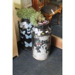 A PAIR OF PAINT MILK CHURN PLANTERS