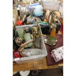 TWO TRAYS OF HOUSEHOLD ITEMS TO INCLUDE COPPER KETTLE, MINERS LAMP, ETC