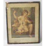 A FRAMED AND GLAZED COLOURED ENGRAVING BY F BARTOLOZZI AND KNIGHT TITLED 'CUPID DISARMED BY VENUS',