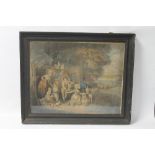 A FRAMED AND GLAZED COLOURED ENGRAVING DEPICTING A FAMILY IN A COUNTRYSIDE SCENE A/F, frame size ap