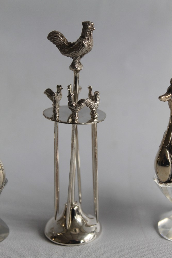 TWO CONTINENTAL WHITE METAL & GLASS SALTS, in the form of peacocks, along with a small plated cockt - Image 3 of 4