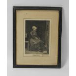 A FRAMED AND GLAZED 19TH CENTURY ENGRAVING, depicting a lady sitting on a bench. Frame size approx