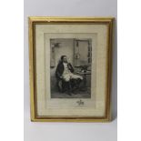 A FRAMED AND GLAZED PORTRAIT ENGRAVING DEPICTING A MAN SMOKING A PIPE, signed in pencil to the lowe