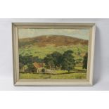 A FRAMED OIL ON BOARD DEPICTING A COUNTRY SIDE SCENE, with a farm in the foreground signed E C Clar