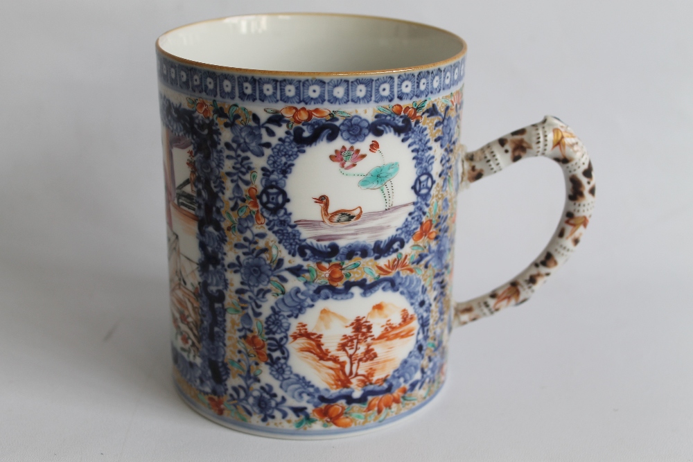 TWO CHINESE EXPORT WARE PORCELAIN TANKARDS, with Polychrome panels on a blue ground. (The larger H. - Image 3 of 9