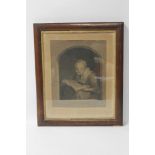 A FRAMED AND GLAZED ETCHING DEPICTING AN ELDERLY LADY READING A BOOK, frame size approx 42cm x 51c