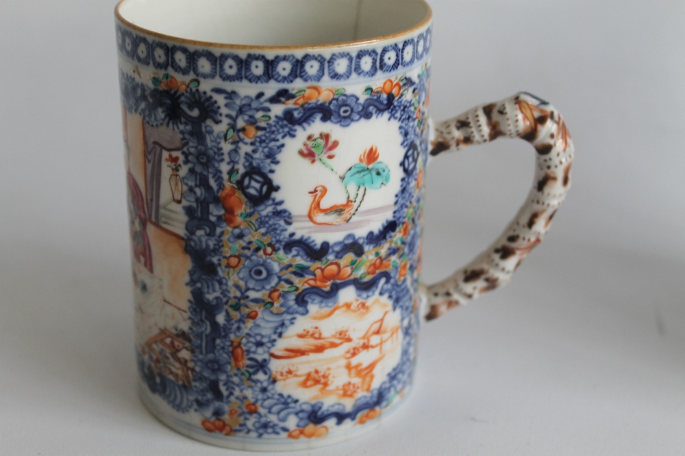 TWO CHINESE EXPORT WARE PORCELAIN TANKARDS, with Polychrome panels on a blue ground. (The larger H. - Image 6 of 9