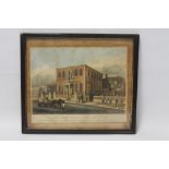 A FRAMED AND GLAZED EARLY 19TH CENTURY HAND COLOURED ENGRAVING OF WESLEY CHAPEL AND CHAPEL HOUSE LE