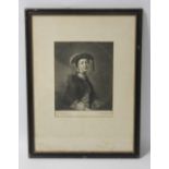 A FRAMED AND GLAZED PORTRAIT MEZZOTINT ENGRAVING DEPICTING A LADY WEARING A HAT, frame size approx