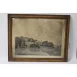 A FRAMED AND GLAZED ENGRAVING DEPICTING ENVILLE BY H F JAMES, frame size approx 55cm x 51cm