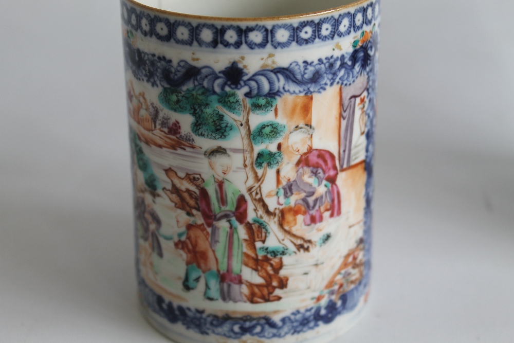 TWO CHINESE EXPORT WARE PORCELAIN TANKARDS, with Polychrome panels on a blue ground. (The larger H. - Image 5 of 9